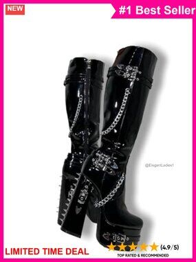 Faux Leather Platform Knee High Heeled Boots Wide Calf Chunky Gothic